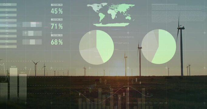 Wind turbines in field with data visualization showing testing percentages and graphs