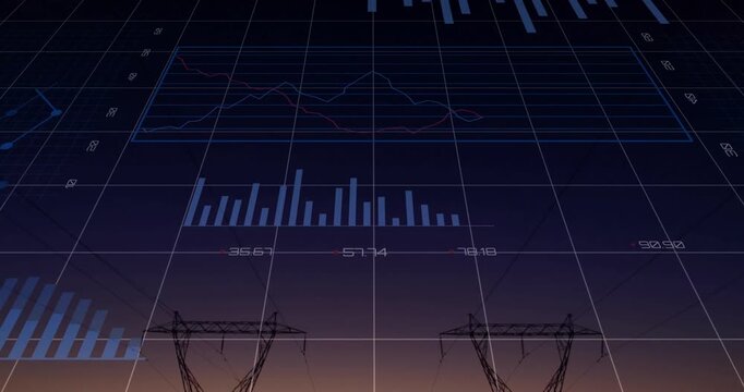 Power lines at sunset with financial graphs and data processing animation