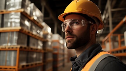 A construction worker wearing a hard hat and safety glasses, inspecting materials delivered to a site.