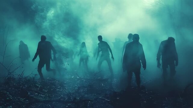 video of  furious, bloodied zombie man reaches forward with outstretched arms towards a victim amidst a ruined cityscape. Halloween. Horror film. Zombie apocalyps