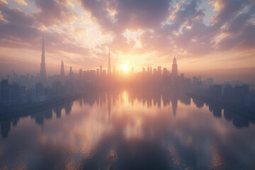 Fototapeta premium Dubai city 3D concept background showcasing the stunning city center skyline with luxury skyscrapers at sunrise, United Arab Emirates.