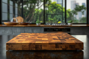 End grain wood counter top with cutting board on blur kitchen in morning window background,