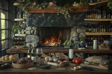 Fototapeta premium Fireplace and a lot of food behind