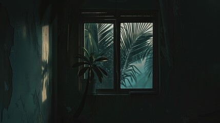 View of a palm tree through a window. dark and melancholic atmosphere