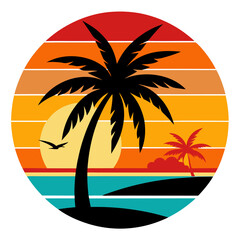 Vibrant Summer Beach Scene Vector with Palm Tree Silhouette, Sun, Waves, Tropical Plants, and Summer Activities - SVG, Cricut, Clipart, Vector Graphics