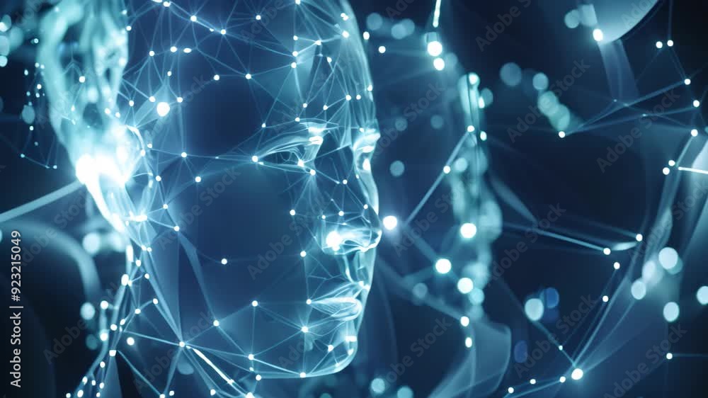 Poster a digital representation of a mans face formed by a complex network of dots, visualization of a digi
