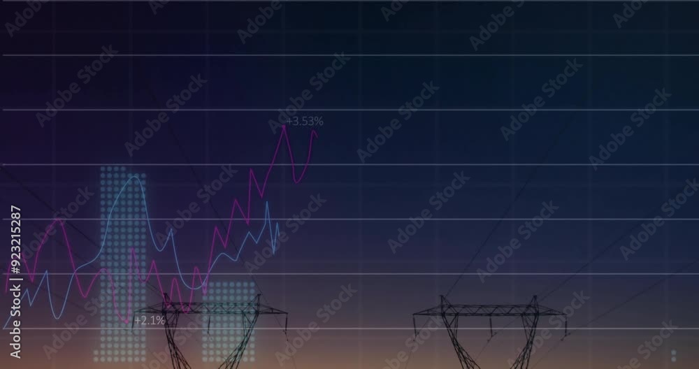 Poster power lines and grid with financial data processing animation over sunset background