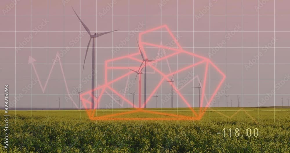 Poster wind turbines in field with red geometric shapes and grid animation over landscape