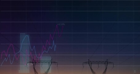 Power lines and grid with financial data processing animation over sunset background - Powered by Adobe