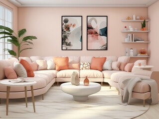 A bright living room with a pink sectional sofa, a white coffee table, and a rug.