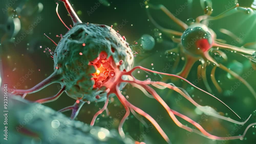 Poster detailed view of a cell with red substance inside, showcasing cellular activity and structure, visua