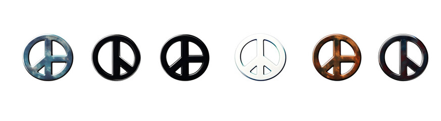 A set of peace signs of different thicknesses. Peace symbols, peace pictograms isolated on white background. International symbol of the antiwar movement of the disarmament of the world, vector.