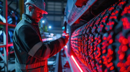 Naklejka premium A man in a safety vest is looking at a tire with red lights