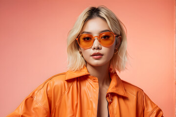 A woman in an orange jacket and sunglasses