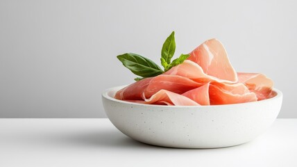 Minimalist photo of thinly sliced prosciutto in elegant folds on a clean, white background, emphasizing texture and rich color.