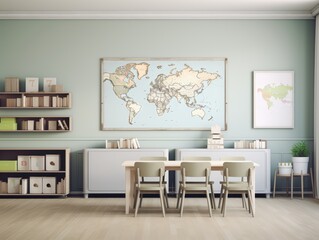 A light green room with a wooden table and chairs, bookshelves, and a world map.