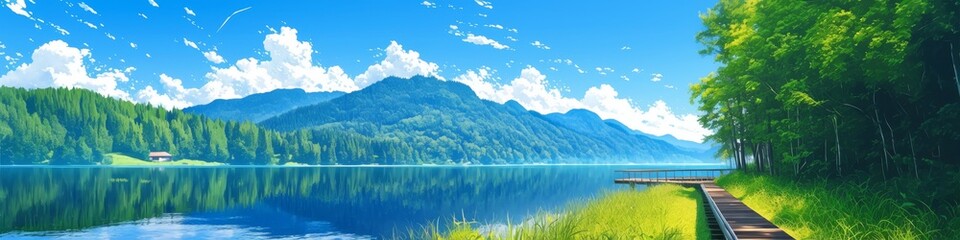 Fototapeta premium Enchanting Anime-Style Lakeside Path: Serene Mountain Landscape in Vector Art. Dreamy Natural Scenery for Children's Books and Creative Marketing. Idyllic Rural Paradise with Spring and Summer Vibes, 