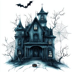 Haunted house Halloween banner with cobwebs and spooky atmosphere