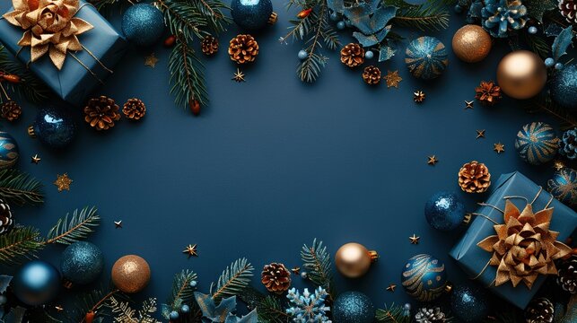 christmas vertical banner template with glitter blue paper gift box gold,blue xmas balls ornaments fir branches on dark blue background flat lay top view copy space.