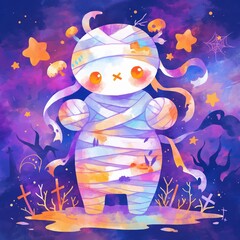 Fototapeta premium Cute Mummy in Halloween Night, Neon Watercolor Illustration
