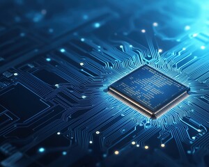 A close-up view of a modern microchip on a circuit board, highlighting intricate patterns and technological details.
