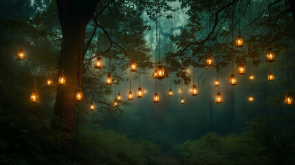 Fototapeta premium forest decorated with lights in the night