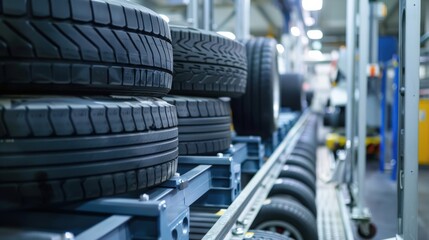 A row of tires are on a conveyor belt in a factory