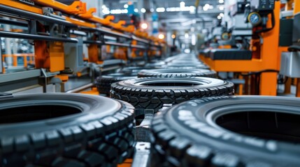 Fototapeta premium A conveyor belt is filled with tires