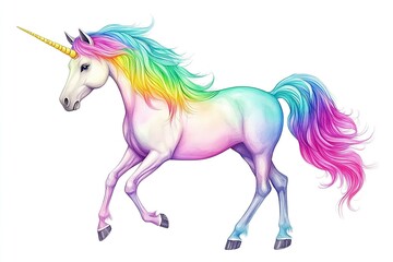 Naklejka premium Colorful unicorn illustration with a vibrant rainbow mane and tail, prancing gracefully on a white background