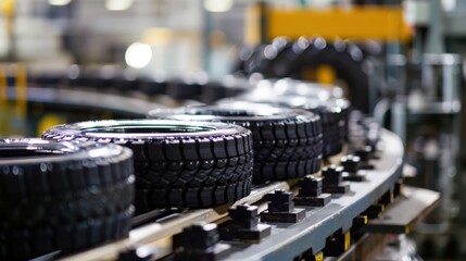 A conveyor belt with a line of tires on it