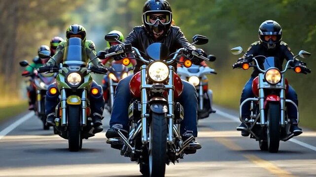 On the road, a group of motorbike motorcyclists riding cruiser-choppers.