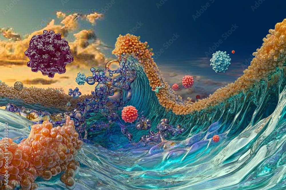Poster a vibrant view of microscopic life forms interacting in a dynamic liquid environment under a colorfu