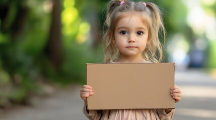 Cute little Caucasian young girl, adorable child, sweet kid, toddler standing outside in nature and holding a cardboard banner, sign, signboard or poster with empty blank copy space for adding text