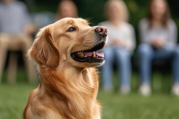 Obraz premium A dog barks and wags its tail during a socialization session with a trainer, creating a warm and friendly atmosphere.