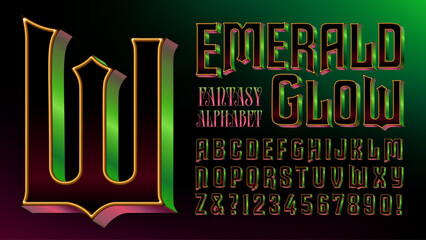 A fantasy style font with metallic reflections in emerald green and magenta.