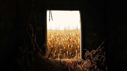 View of corn field through window. Dark and melancholic atmosphere