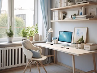 A modern home office with a white desk, a computer, and a chair, with natural light and a window overlooking a green view.