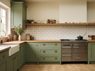 A modern kitchen with green cabinets, a stainless steel range, and a white tiled backsplash.