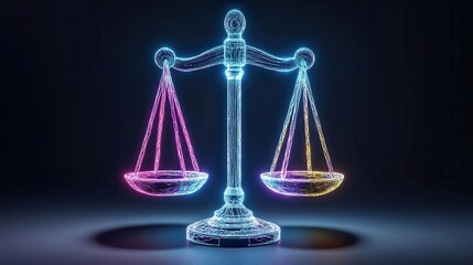 Employment rights depicted as a futuristic balance scale, with glowing neon details, deep shadows, conceptual 3D art