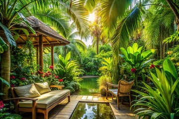 Fototapeta premium Tropical Getaway: Lush greenery, natural light, calming colors, botanical, serene