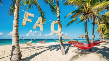 Sunny tropical beach with palm trees and hammocks, vibrant and inviting; with the letters "FAQ" written written in sandy textured letters. 