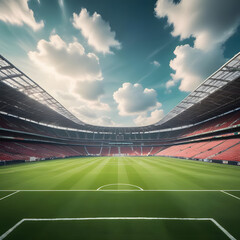 Dynamic Stadium. Large, modern stadium, green football field under dramatic sky, lit by stadium lights.Concept of sport, event, tournament, game, championship