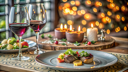 Candlelit dinner for two with gourmet dishes and a glass of red wine.