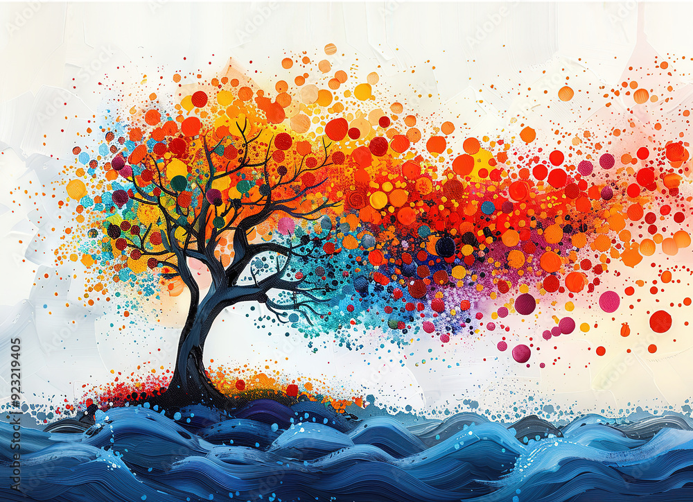 Wall mural vibrant abstract tree with colorful branches made of splattered paint dots, reflected in water again