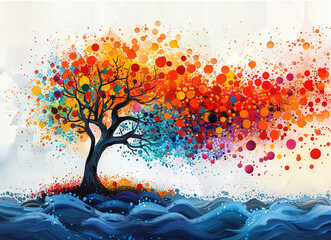Vibrant abstract tree with colorful branches made of splattered paint dots, reflected in water against a white background