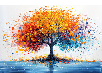 Vibrant abstract tree with colorful branches made of splattered paint dots, reflected in water on white background