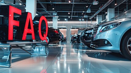 Sleek car showroom with luxury vehicles and reflective floors; with the letters "FAQ" written in polished, high-end font. 