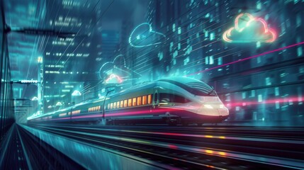 A train is traveling down a track with a city in the background