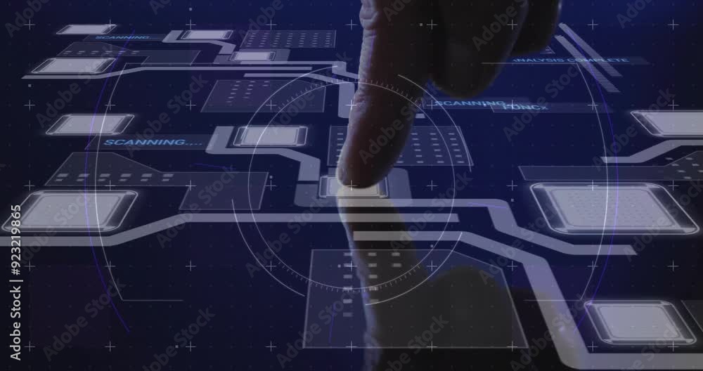 Poster finger interacting with touch screen, processing data animation over digital interface