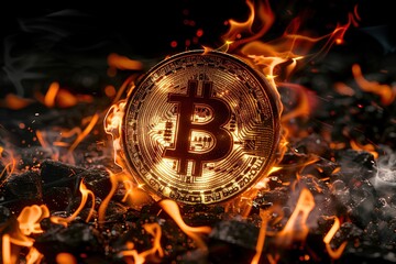 Burning Bitcoin coin surrounded by flames and smoke, symbolizing the intense volatility and dynamic nature of cryptocurrency in a dramatic visual representation